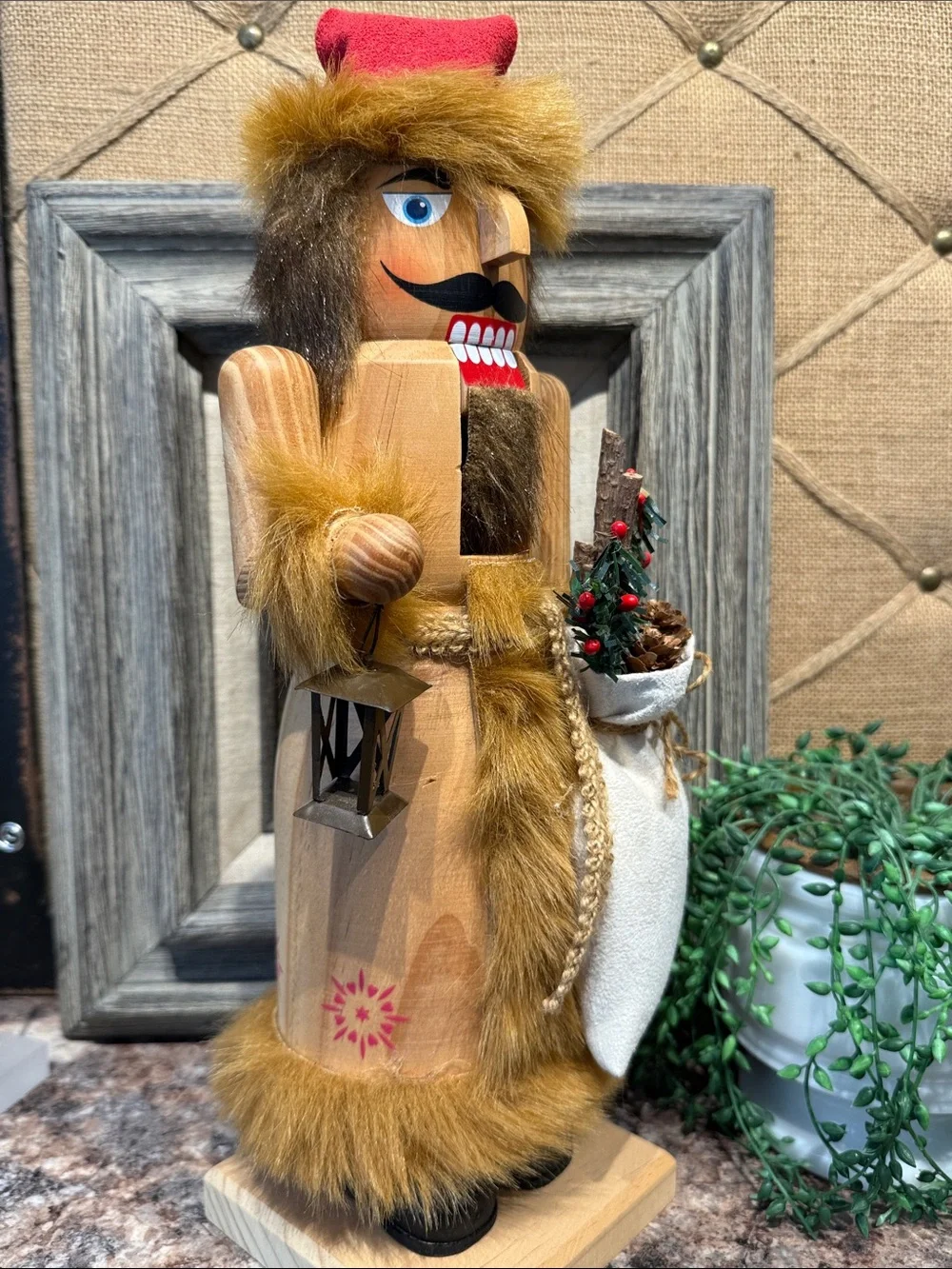 Wooden Nutcracker Santa with Red Hat and Fur Trim